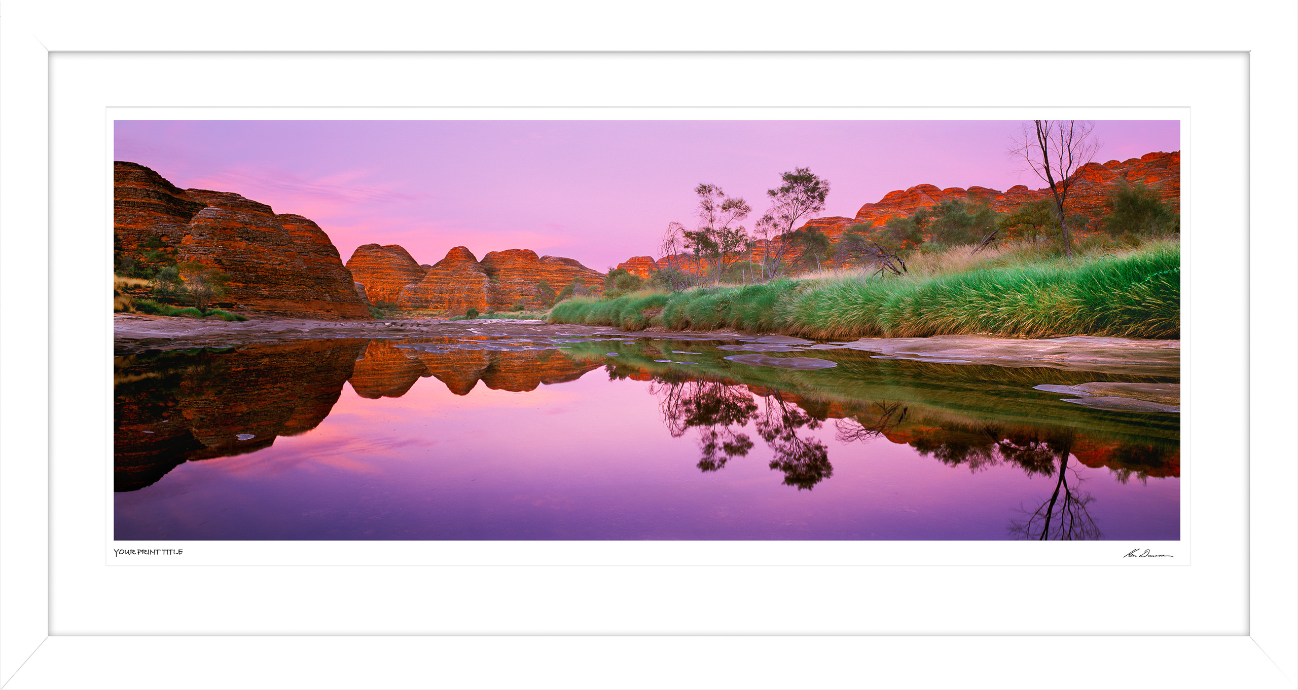 18inch Limited Edition Purnululu Reflections, WA. Framed Dimensions 363mm (h) x 627mm (w). Registration number 254/2000